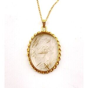 Gold Rutilated Quartz Pendant Necklace 12k Rolled Gold Chain 18.5 In